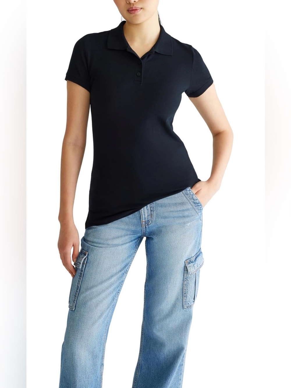 Aeropostale Women’s Black Pique Polo Shirt Button-Up Short Sleeve Size M Uniform